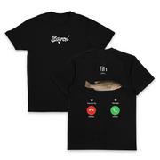 Set of two black Fih Phone Call T-Shirts (Backprint), 175 GSM ethically grown cotton: front has "Illegal" in white script; back shows a fish above “fih” and a phone call screen graphic with decline/accept options.