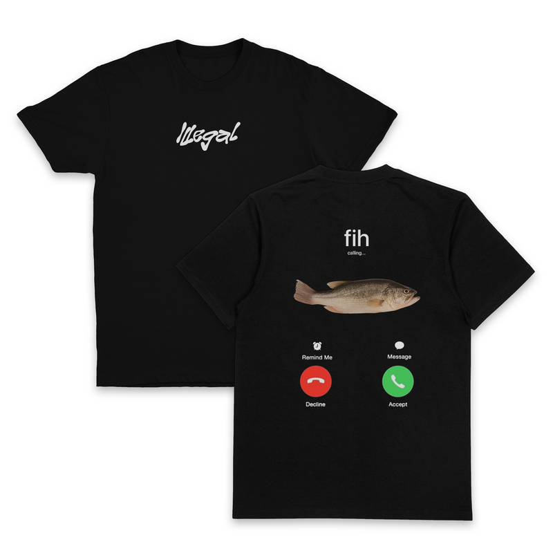 Set of two black Fih Phone Call T-Shirts (Backprint), 175 GSM ethically grown cotton: front has "Illegal" in white script; back shows a fish above “fih” and a phone call screen graphic with decline/accept options.