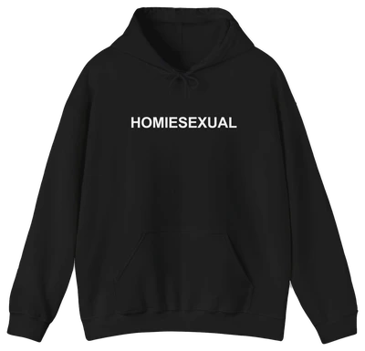 The Homiesexual Hoodie by Illegal Shirts is a black, medium-heavy sweatshirt featuring "HOMIESEXUAL" in bold white letters, with a front pocket and drawstrings.