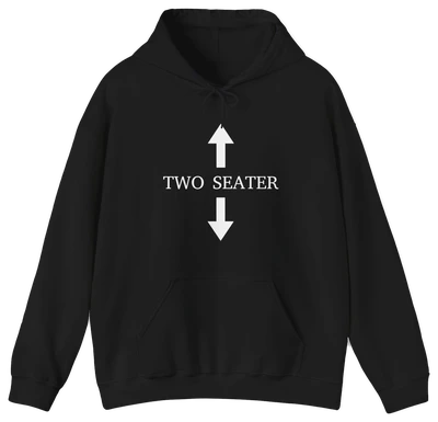 The Two Seater Hoodie from Illegal Shirts is black, with "TWO SEATER" in bold white text between arrows, made from medium-heavy fabric for comfort and style.