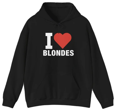 The I Heart Blondes Hoodie is a black cotton-polyester pullover with "I Heart Blondes" in white letters and a red heart, front pocket, and drawstrings. Part of our Illegal Shirts collection.