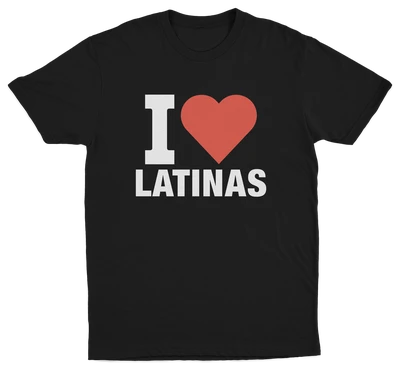 The I Heart Latinas T-Shirt features "I ♥ LATINAS" in white with a red heart on the front, crafted from ethically grown cotton for comfort and style.
