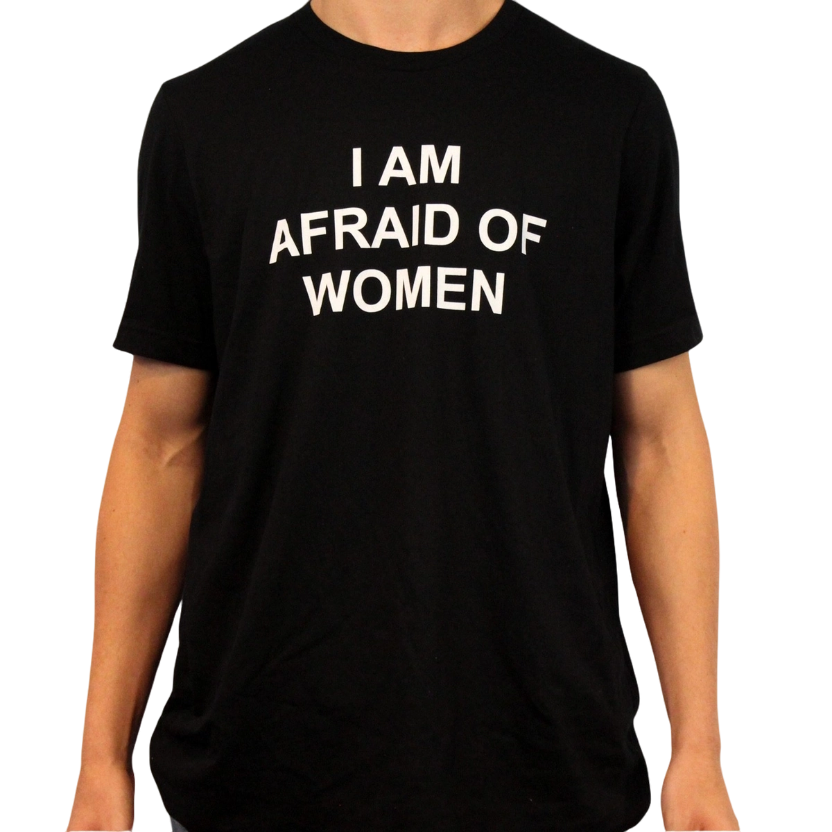 Wearing the I Am Afraid Of Women T-Shirt—an ethically made cotton tee with bold white text on black—makes a funny, eye-catching statement and is sure to spark conversation.
