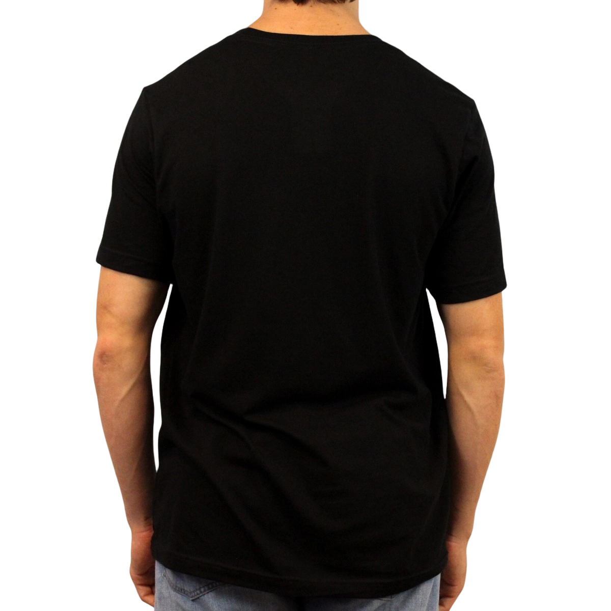 A person is shown from the back against a white background wearing a plain black Legalize Speeding T-Shirt and light blue jeans.