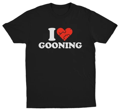 Black t-shirt with 'I ❤️ GOONING' text design on a white background