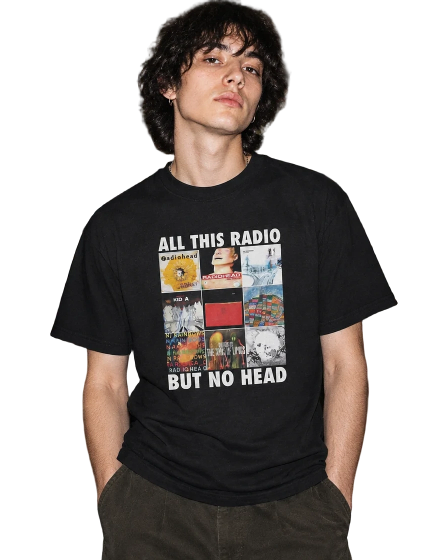 All This Radio But No Head T-Shirt — On-body view (AI-generated styled mockup)