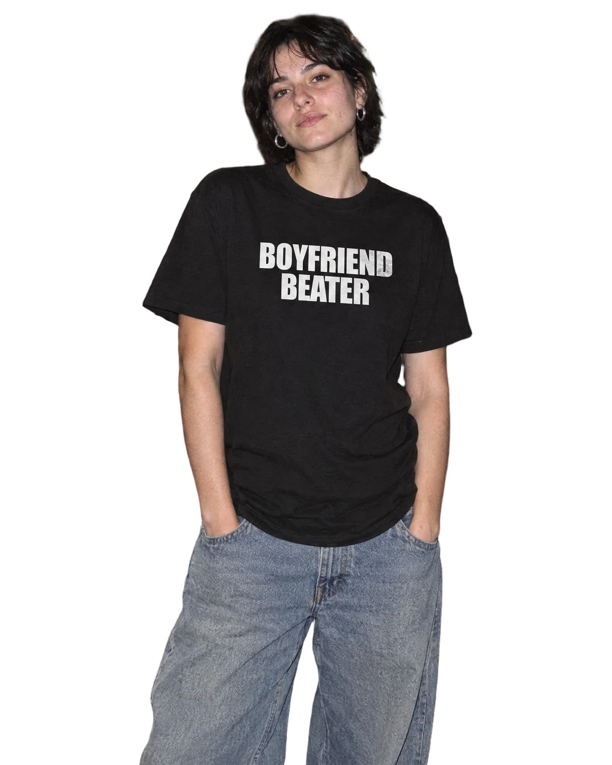 Boyfriend Beater T-Shirt — On-body view (AI-generated styled mockup)