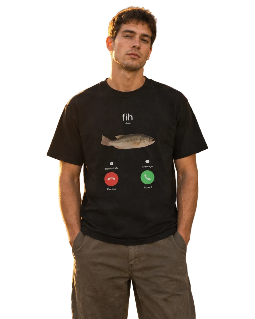 Fih Phone Call T-Shirt — On-body view (AI-generated styled mockup)