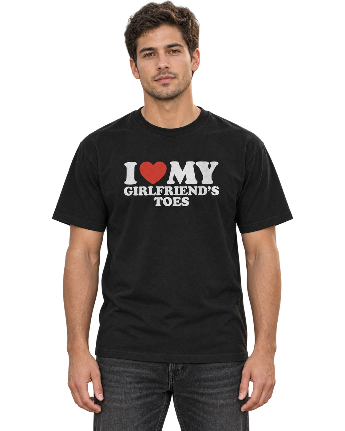 I Heart My Girlfriend's Toes T-Shirt — On-body view (AI-generated styled mockup)