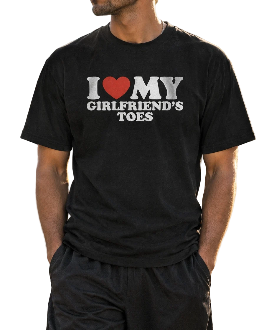 I Heart My Girlfriend's Toes T-Shirt — On-body view (AI-generated styled mockup)