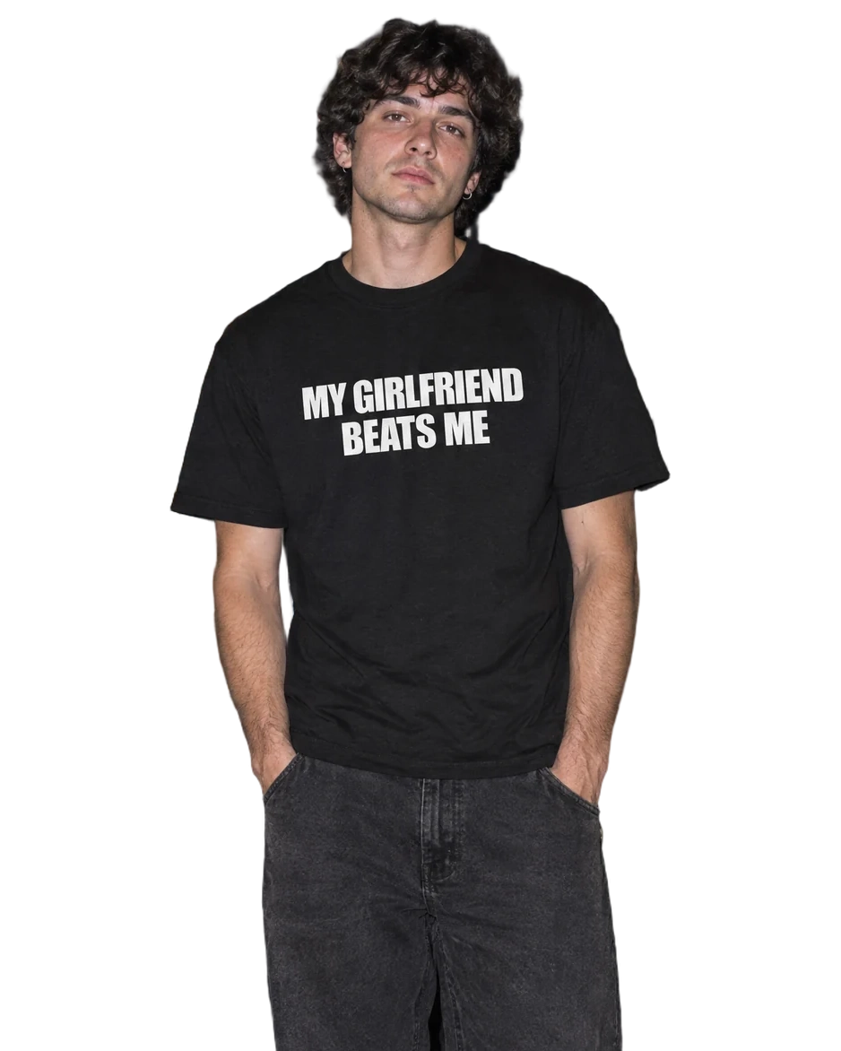 My Girlfriend Beats Me T-Shirt — On-body view (AI-generated styled mockup)