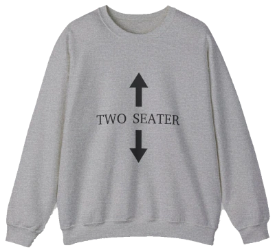 The Two Seater Crewneck is a gray sweatshirt made from medium-heavy fabric, featuring two large black arrows pointing up and down with "TWO SEATER" in bold black capital letters between the arrows on the front.