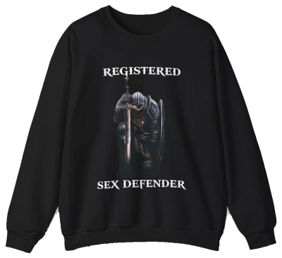 The Registered Sex Defender Crewneck is a black sweatshirt made from medium-heavy fabric, featuring a striking image of a knight holding a sword.