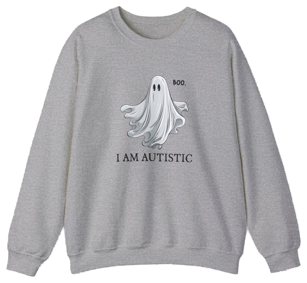 The Boo, I Am Autistic Crewneck is a gray cotton-poly blend shirt featuring a cartoon ghost with "BOO." above and "I AM AUTISTIC" below, all centered on the front. Show your spirit with this unique design.