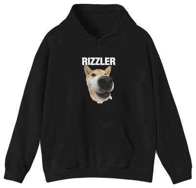 The Rizzler Hoodie is a black, medium-heavy hoodie with a large front graphic of a dog’s face with a distorted snout and the bold white RIZZLER design above the image.