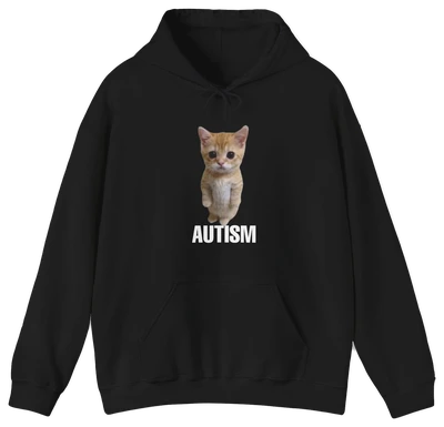 The Autism Cat Hoodie is black, made from medium-heavy fabric for comfort, and features a photo of a small orange kitten above "AUTISM" in bold white letters—a cozy, heartfelt design.
