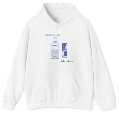 The Sometimes This Is Breakfast Hoodie by Illegal Shirts features a playful vodka bottle and shot glass graphic with the text "Sometimes this is breakfast," crafted from a soft cotton-polyester blend.