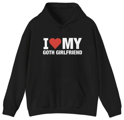 The I Heart My Goth Girlfriend Hoodie from Illegal Shirts features a bold white text and red heart design—ideal for fans of the goth girlfriend shirt trend.