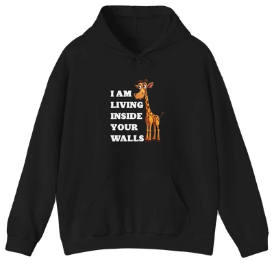 The I Am Living Inside Your Walls Hoodie is a black cotton-polyester blend with a cartoon giraffe and bold white text, part of the quirky Illegal Shirts collection.