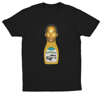 The O.J. Simpson T-Shirt is ethically made from 100% cotton and features a graphic of a bottle labeled "O.J. Simpson" with his face as the cap and a white Ford Bronco on the label.