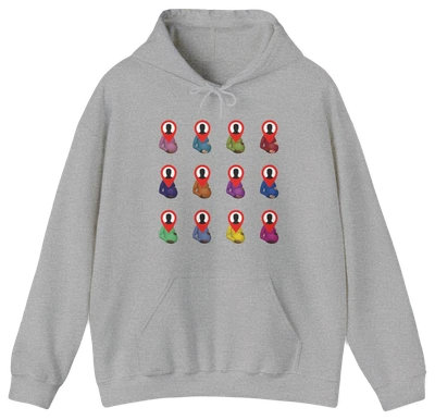 A gray Certified Pedophile Hoodie in medium-heavy fabric, featuring a grid of twelve cartoon meditating figures with red and white heads, each in colorful robes. Part of our exclusive Illegal Shirts collection.
