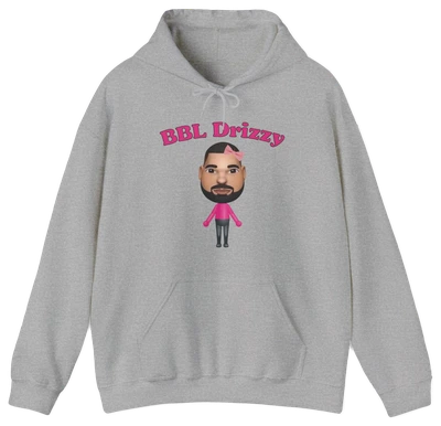 The BBL Drizzy Hoodie is a gray cotton-poly hoodie featuring “BBL Drizzy” in pink and a cartoon bearded character with a heart-shaped bandage, part of the distinctive Illegal Shirts collection.
