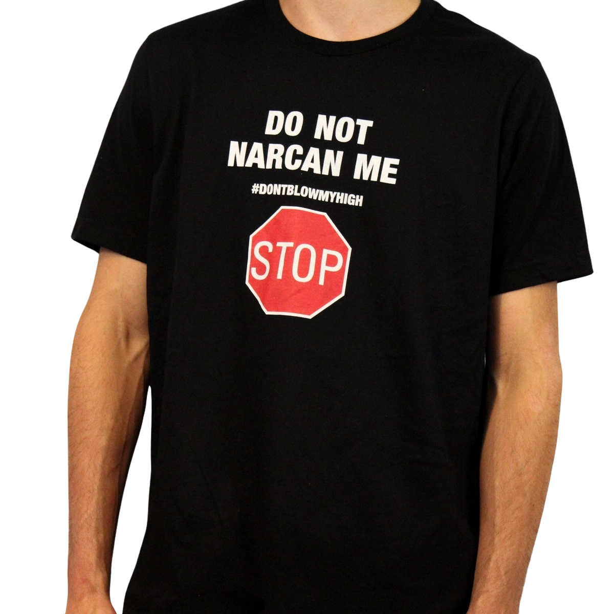 The Do Not Narcan Me T-Shirt, crafted from 100% combed ring-spun cotton, showcases white text above a red stop sign with "STOP"—a standout piece from Illegal Shirts.