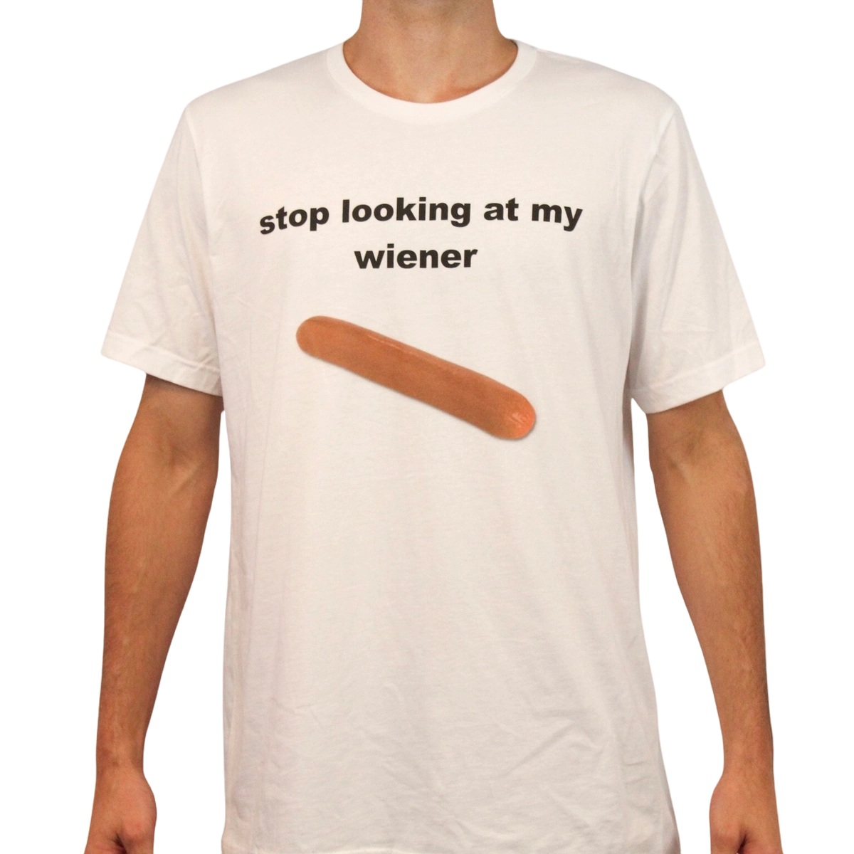 Wearing the Stop Looking At My Wiener T-Shirt, featuring the phrase above a hot dog image, is perfect for anyone who loves quirky tees or amusing Illegal Shirts.