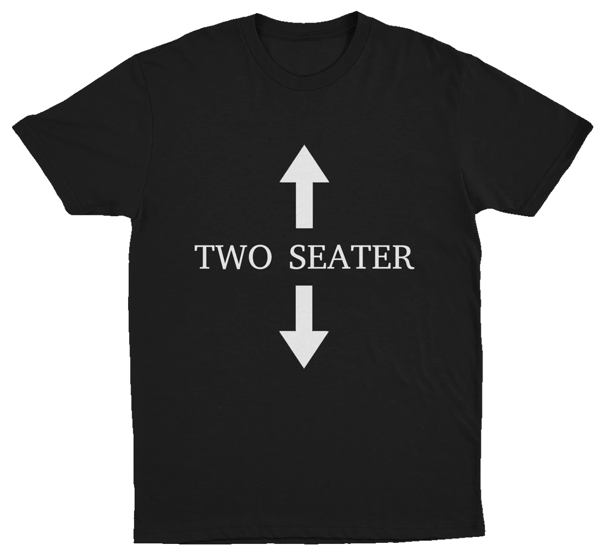 The Mega Meme 6–Pack includes black 100% combed cotton tees with bold white arrows and "TWO SEATER" in all caps—a classic Illegal Shirts design that stands out.