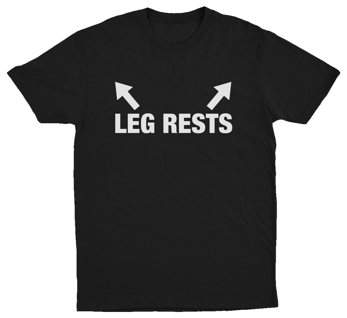 A black "The Ladies Man 3–Pack" T-shirt features white "LEG RESTS" text and two upward-pointing arrows above the words, printed on the front.