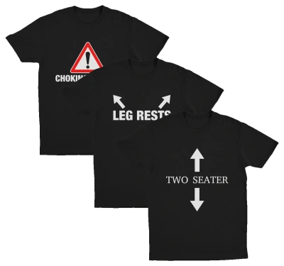 The Ladies Man 3–Pack includes three black tees with witty prints: Choking Hazard (warning symbol), Leg Rests (sideways arrows), and Two Seater (up/down arrows)—a perfect choice to add humor to your style.