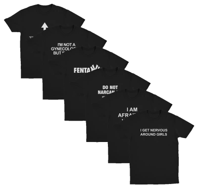 The Mega Meme 6–Pack features six black Illegal Shirts made of soft combed ring-spun cotton, each with bold and humorous white slogans. Arranged diagonally on a white background, the overlapping prints remain striking and eye-catching.