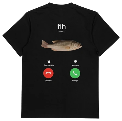 The Fih Phone Call T-Shirt (Backprint) is a black cotton tee with a fish and "fih" above, styled like a phone call screen, made from ethically grown cotton at 175 GSM for comfort.