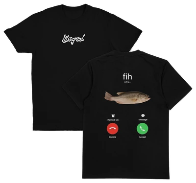 Set of two black Fih Phone Call T-Shirts (Backprint), 175 GSM ethically grown cotton: front has "Illegal" in white script; back shows a fish above “fih” and a phone call screen graphic with decline/accept options.