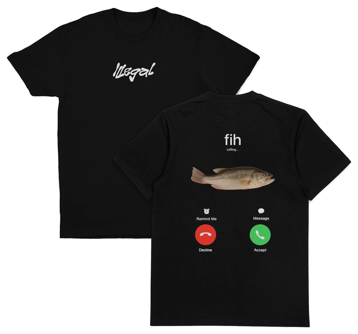 Set of two black Fih Phone Call T-Shirts (Backprint), 175 GSM ethically grown cotton: front has "Illegal" in white script; back shows a fish above “fih” and a phone call screen graphic with decline/accept options.