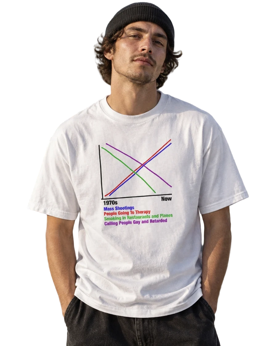 1970s vs Now Graph T-Shirt — On-body view (AI-generated styled mockup)