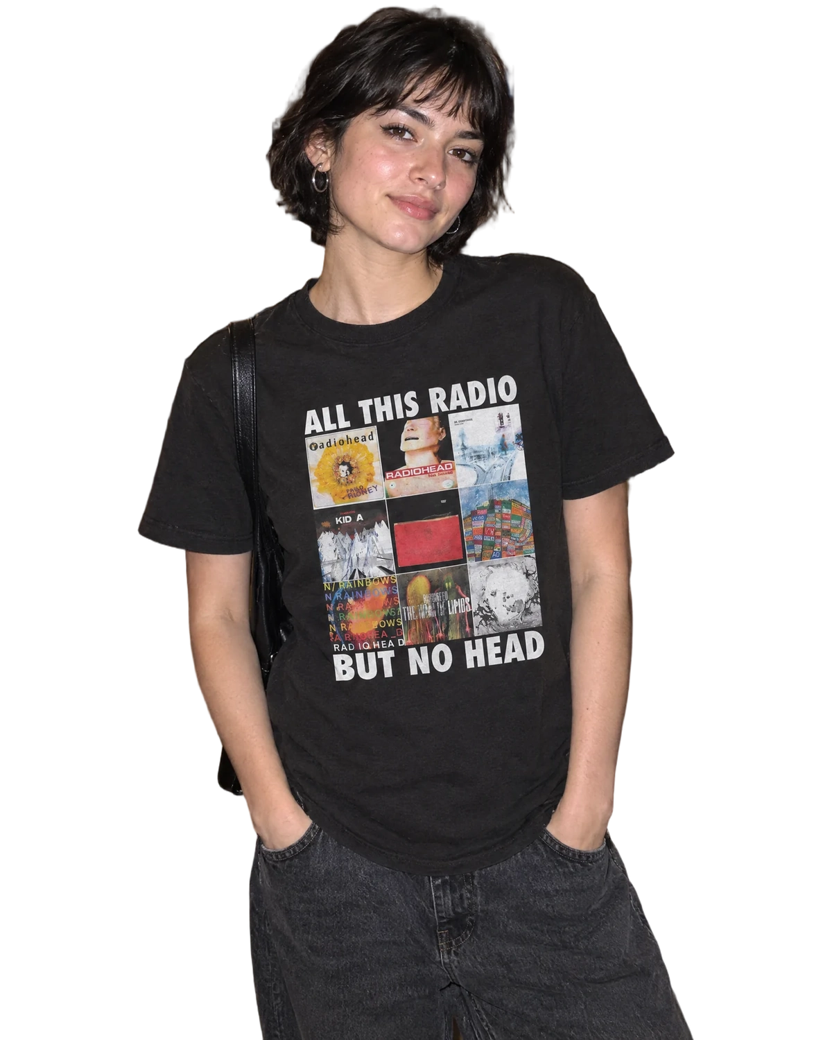 All This Radio But No Head T-Shirt — On-body view (AI-generated styled mockup)