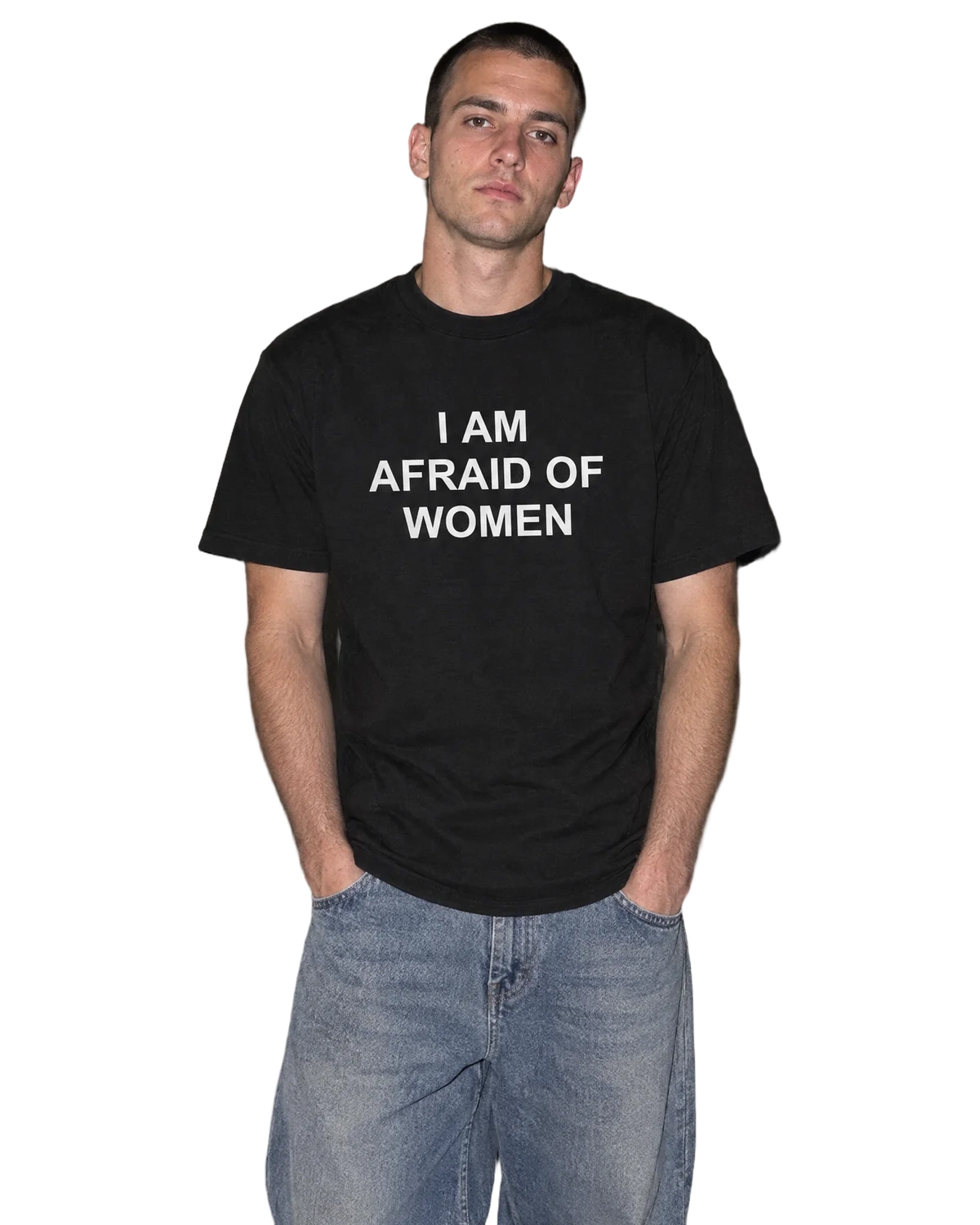 I Am Afraid Of Women T-Shirt — On-body view (AI-generated styled mockup)