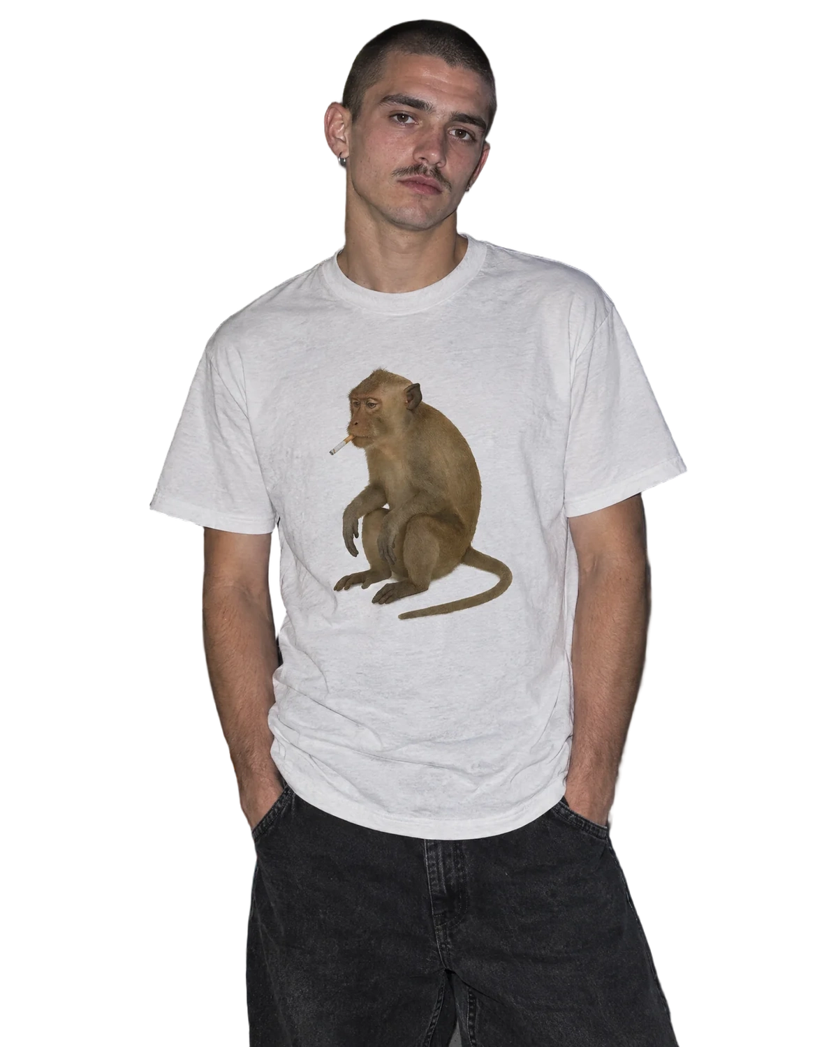 Monkey Smoking Cigarette T-Shirt — On-body view (AI-generated styled mockup)
