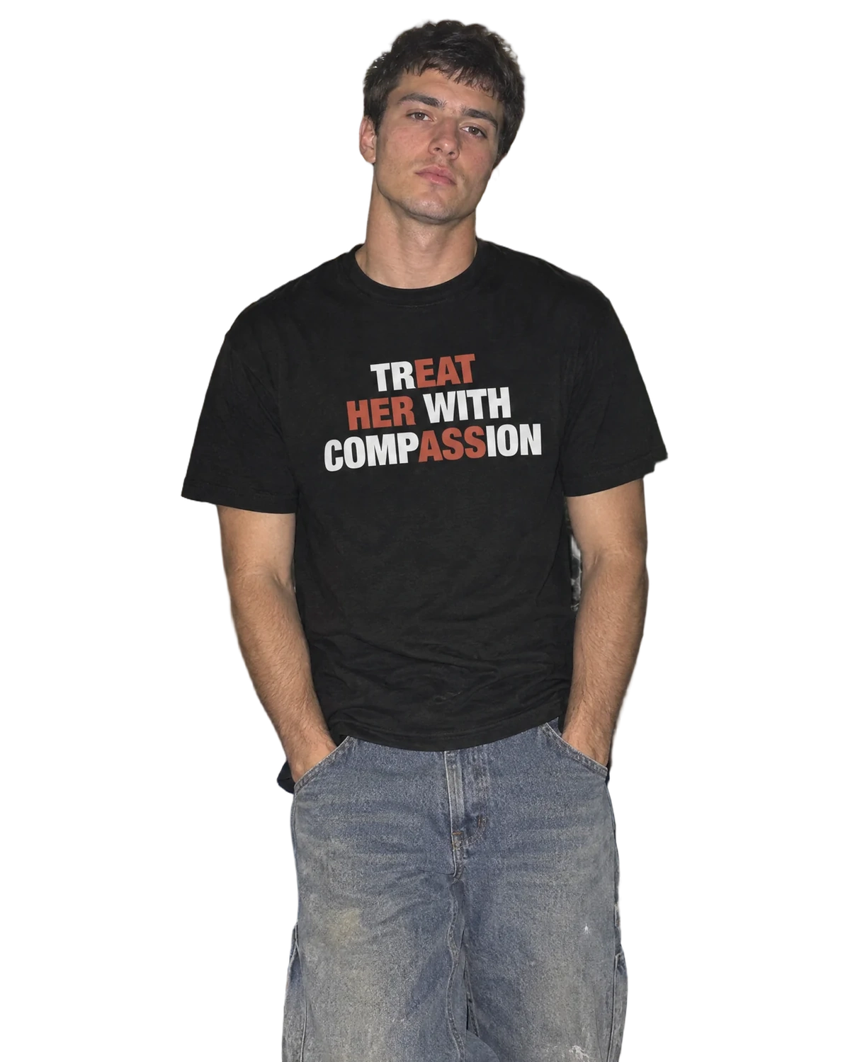 Treat Her With Compassion T-Shirt — On-body view (AI-generated styled mockup)