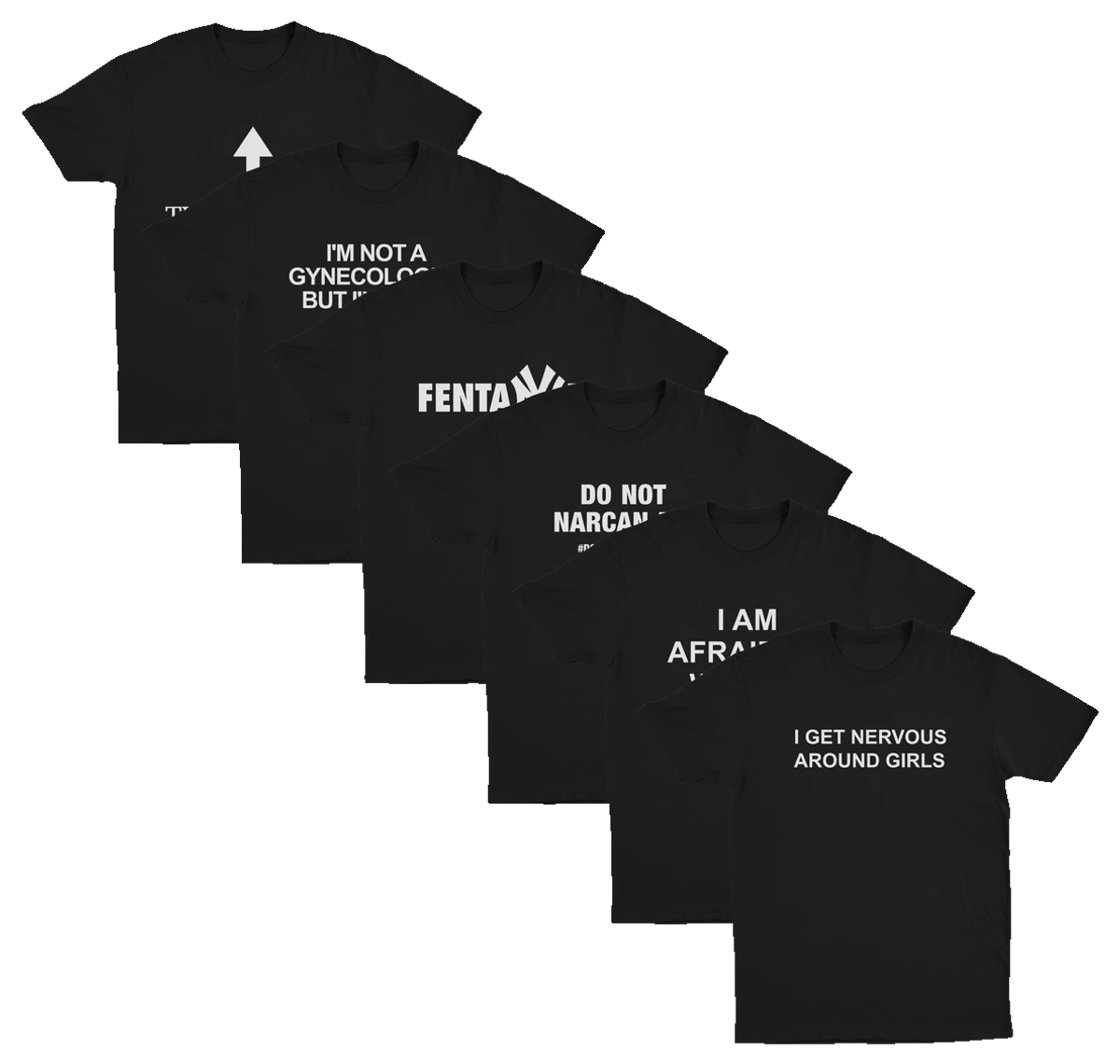 The Mega Meme 6–Pack features six black Illegal Shirts made of soft combed ring-spun cotton, each with bold and humorous white slogans. Arranged diagonally on a white background, the overlapping prints remain striking and eye-catching.