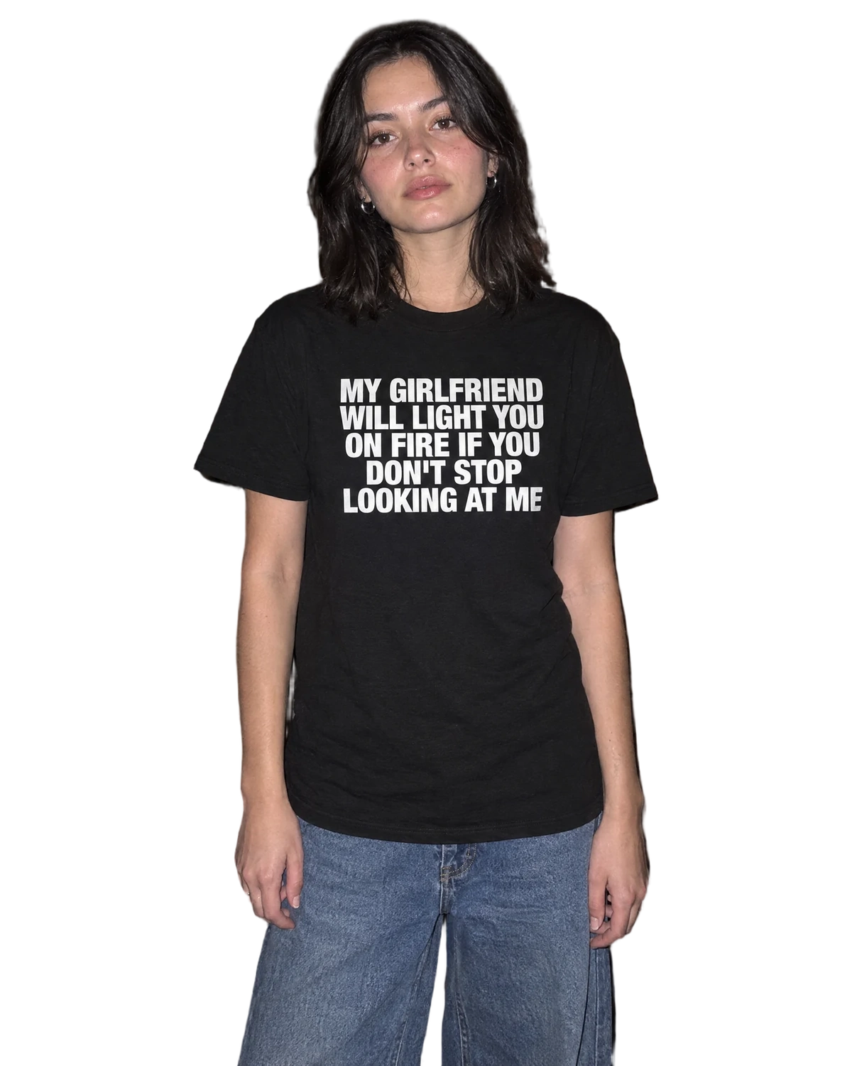 My Girlfriend Will Light You On Fire If You Don't Stop Looking At Me T-Shirt — On-body view (AI-generated styled mockup)