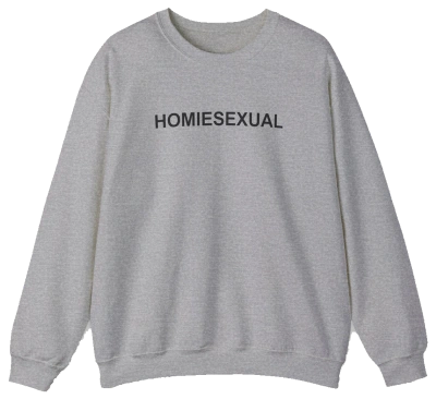 The Homiesexual Crewneck by Illegal Shirts is a light gray medium-heavy sweatshirt with "HOMIESEXUAL" in bold black letters across the chest, shown laid flat on a white background.