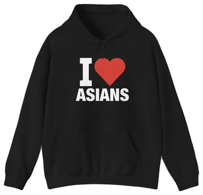 The I Heart Asians Hoodie features bold white lettering and a red heart on the front, crafted from medium-heavy fabric for lasting comfort. This black hoodie is part of our unique Illegal Shirts collection.
