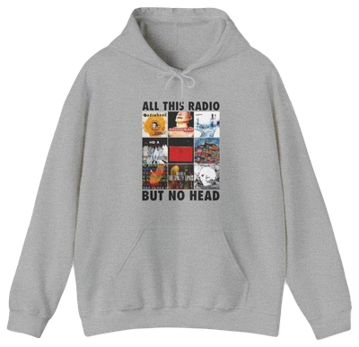 The All This Radio But No Head Hoodie from Illegal Shirts is gray, made with medium-heavy fabric, and features a grid of album covers with the phrase ALL THIS RADIO BUT NO HEAD above and below the graphics.