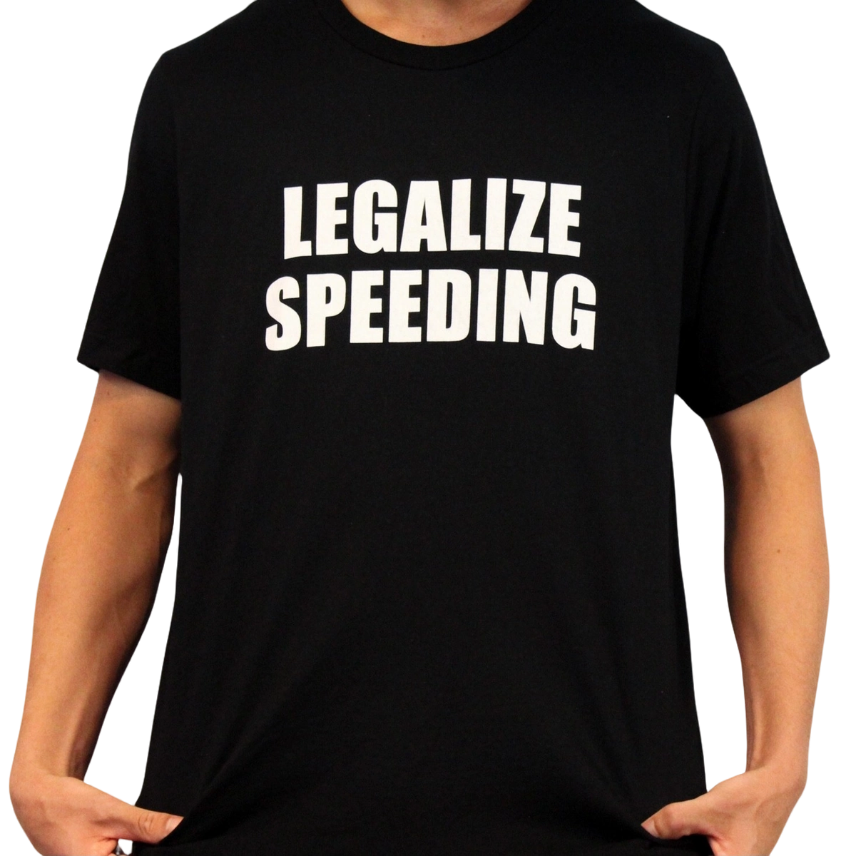 Wearing the Legalize Speeding T-Shirt, featuring bold white LEGALIZE SPEEDING text across the chest, makes a striking traffic court statement.
