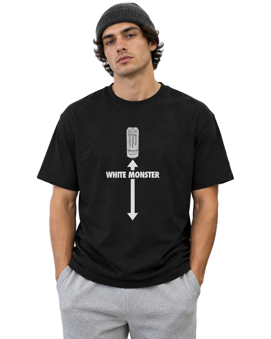 White Monster T-Shirt — On-body view (AI-generated styled mockup)
