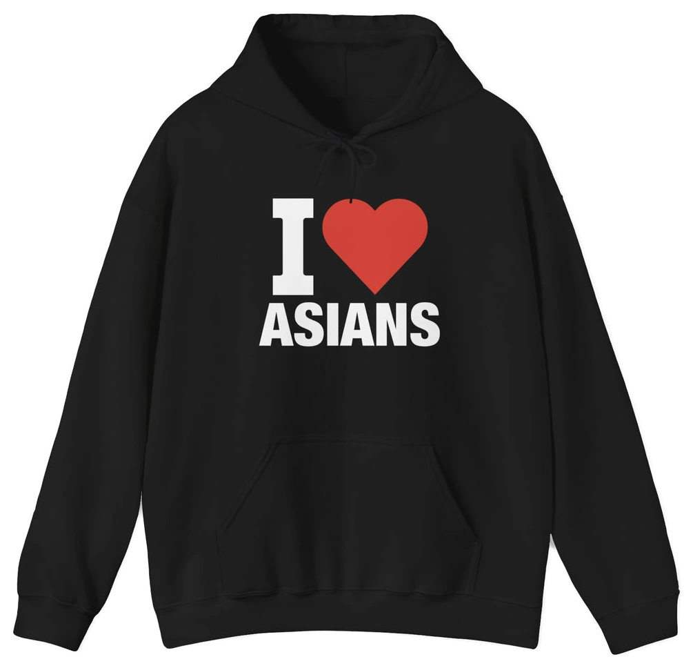 The I Heart Asians Hoodie features bold white lettering and a red heart on the front, crafted from medium-heavy fabric for lasting comfort. This black hoodie is part of our unique Illegal Shirts collection.