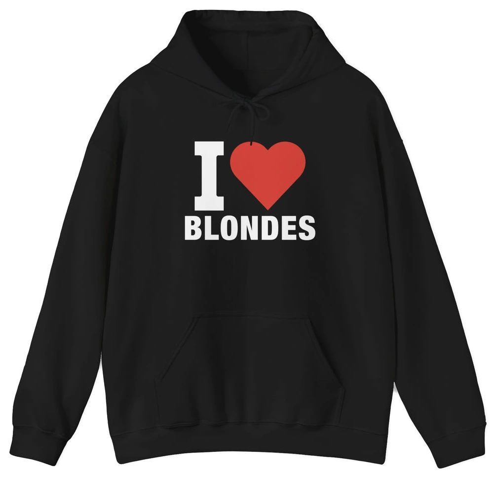 The I Heart Blondes Hoodie is a black cotton-polyester pullover with "I Heart Blondes" in white letters and a red heart, front pocket, and drawstrings. Part of our Illegal Shirts collection.