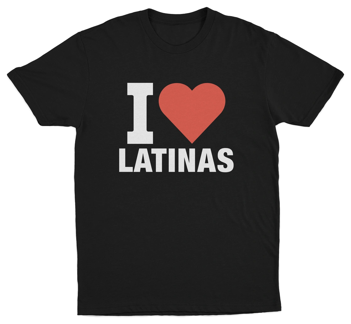 The I Heart Latinas T-Shirt features "I ♥ LATINAS" in white with a red heart on the front, crafted from ethically grown cotton for comfort and style.